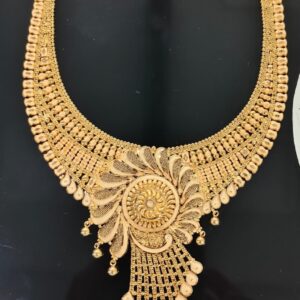 Floral Motif Gold Necklace with Cascading Beads